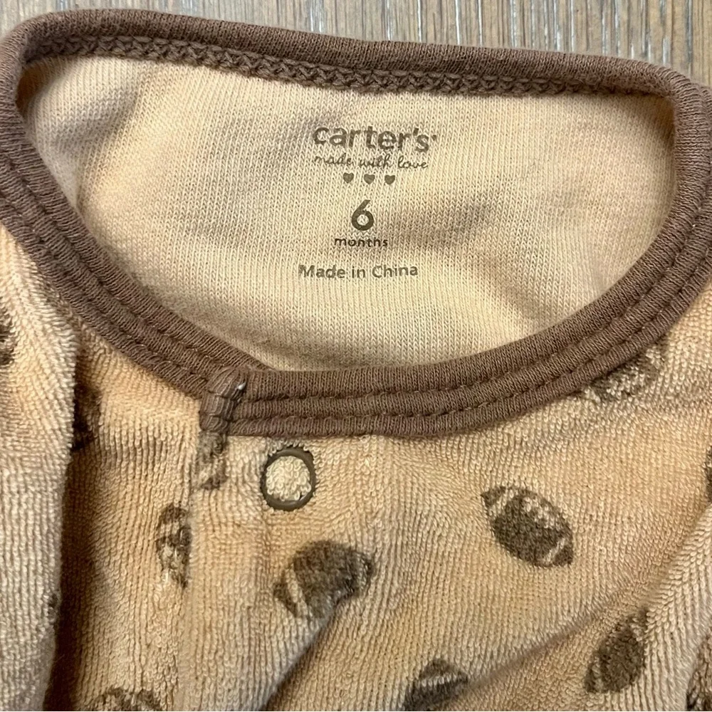Carters Baby Boy tan & brown Football “Daddy’s Team” one‎ piece footed PJs 6 mos
